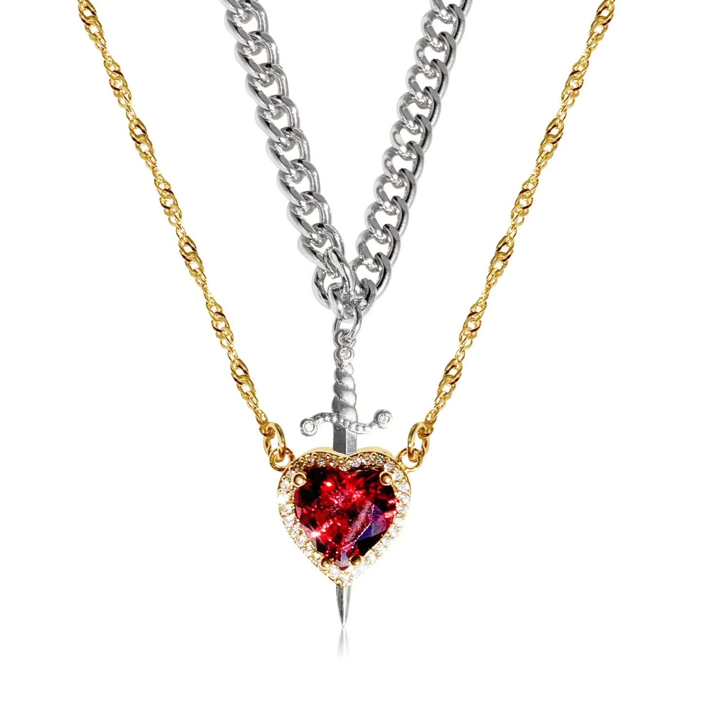 2Pcs Can Be Assembled Heart and Sword Zircon Pendant Necklace for Women Men Couple Silver Gold Plated Choker Chain Jewelry